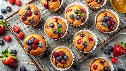 Fototapeta premium Freshly baked muffins with mixed berries and honey drizzle on a cooling rack, top view with copy space