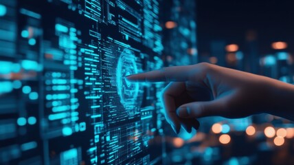 A close-up of a hand interacting with a futuristic digital interface, showcasing advanced technology and data visualization.