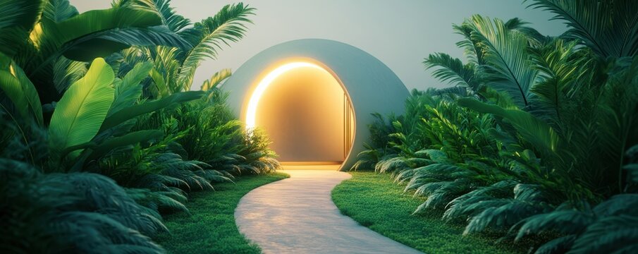 A serene pathway leads through lush greenery to a glowing archway, inviting exploration and serenity in a tranquil setting.
