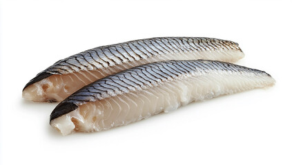 A fillet of raw herring on a white background