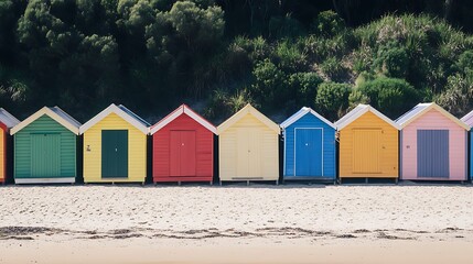Vibrant Beachfront Charm: Colorful Beach Huts and Sandy Shores at Brighton Beach, Australia