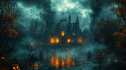 Naklejka premium Spooky castle by the lake with glowing jack-o-lanterns.