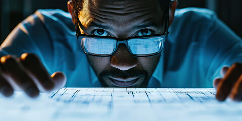 Engineer's Logical Mind: An engineer works on a complex blueprint, their problem-solving focus apparent on their face.