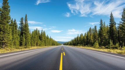 Fototapeta premium A scenic highway surrounded by lush green trees, under a clear blue sky, perfect for road trips and nature exploration.