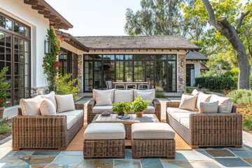 Fototapeta premium Outdoor patio furniture set with brown wicker, beige cushions, including a 6-piece sofa, armchairs, table, and ottomans, placed on a stone floor in front of a house with a garden.