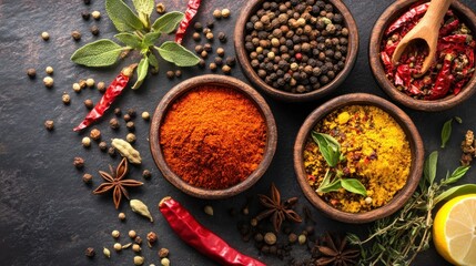 A Collection of Spices in Bowls and Scattered Around on a Dark Surface