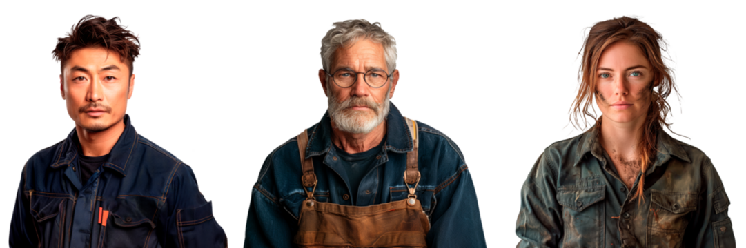 A set of portraits of a man of European appearance, a man of Asian appearance and a woman of Latin American appearance isolated on a white or transparent background. Mechanics in dirty work clothes.