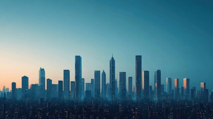 Fototapeta premium Stunning city skyline at dusk, showcasing modern architecture against a vibrant blue sky and soft orange hues.