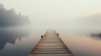 Fototapeta premium Misty wooden pier leading into tranquil lake