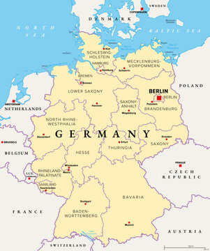 Germany, officially the Federal Republic of Germany, political map. Country in Central Europe with capital Berlin. Map of the 16 constituent states with borders, capitals, and neighbor countries.