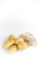 Set of potatoes and euro banknotes. Concept of price increase, expensive.