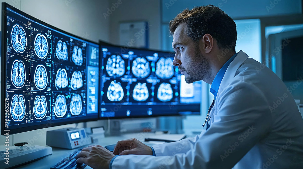 Poster advanced medical imaging analysis: a radiologist examines brain scans for neurological diagnostics i