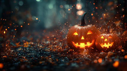 Two jack-o'-lanterns glowing in a dark, mysterious forest.