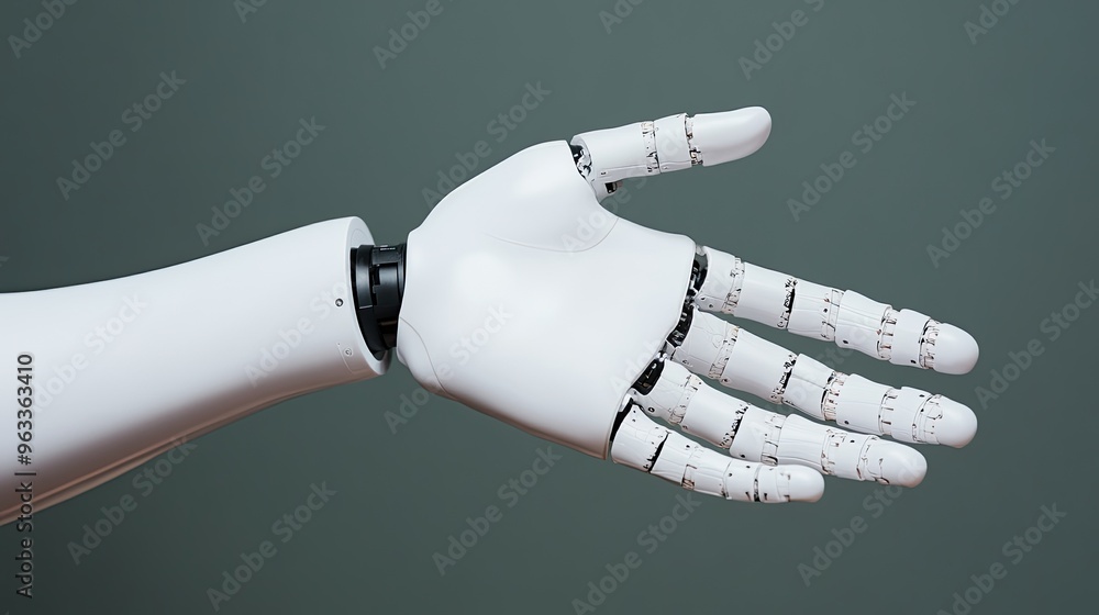 Poster this image features a futuristic robotic hand, showcasing advanced technology and design innovation 