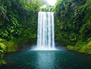A stunning waterfall surrounded by lush greenery, cascading into a tranquil pool, perfect for nature lovers and adventurers.