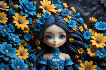 Cute little 3D doll in children's cartoon style, animated fantasy. Artistic background. Art illustration. Book illustration. Cartoon stylized illustrated art.