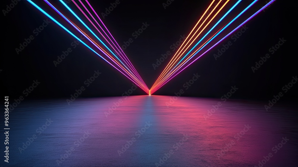 Poster vibrant beams of colored light converge in a dark space, creating a stunning visual effect and dynam