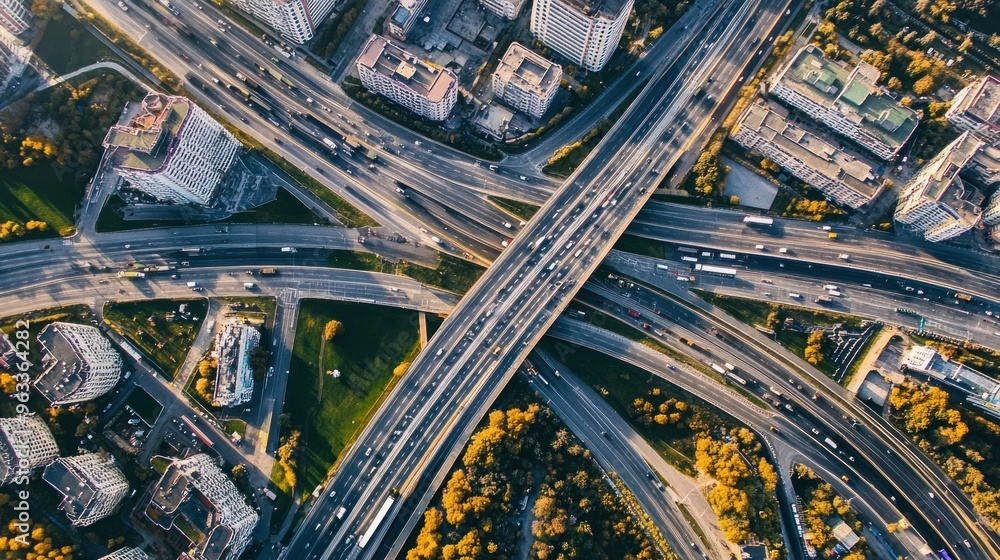 Poster aerial view of a complex highway interchange surrounded by urban buildings and trees