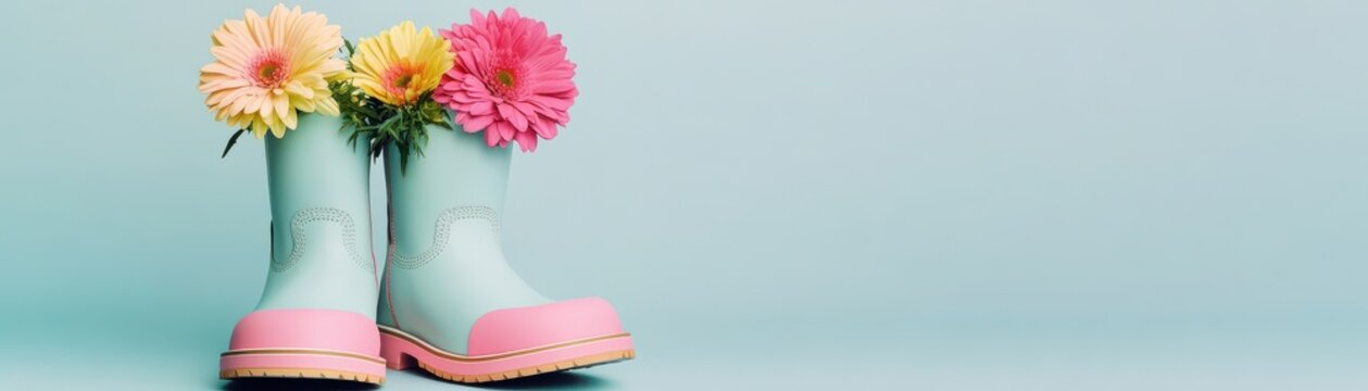 Colorful rain boots with vibrant flowers blooming from them, adding a cheerful touch to any garden or springtime decor.