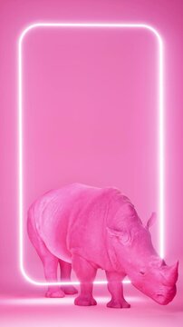 Pink rhinoceros on pink background with neon frame