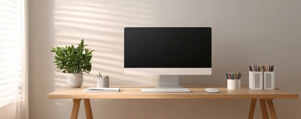 Minimalist workspace with modern computer, plants, and organized desk accessories creating a serene environment.