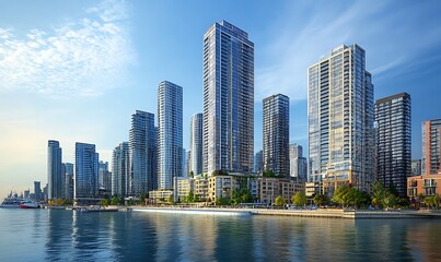 Fototapeta premium Skyscrapers buildings water sea front view