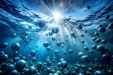 Naklejka premium Underwater view with sunlight rays and bubbles creates mesmerizing and tranquil atmosphere