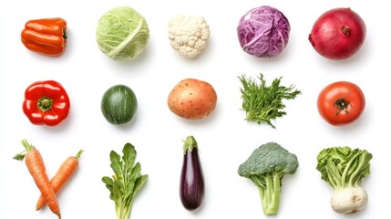 Assortment of Fresh Vegetables Arranged on a White Background