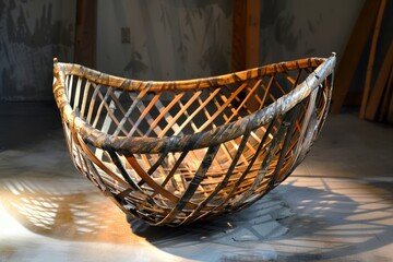 Fototapeta premium Large wicker basket is standing on the floor, illuminated by a ray of light that creates a shadow