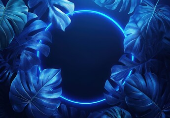 Obraz premium 3D rendering of a neon blue circular frame with tropical leaves on a dark background