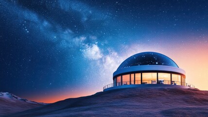 Obraz premium A futuristic dome structure stands under a starry sky, showcasing the beauty of space and innovative architecture at dusk.