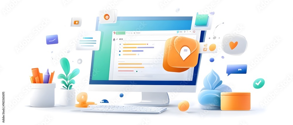 Poster desktop with 3d icons and design elements