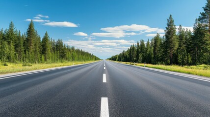 A scenic view of a straight road stretching into the distance, flanked by lush green trees under a clear blue sky.