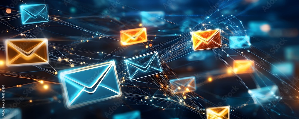 Poster abstract digital network of glowing mail envelopes.