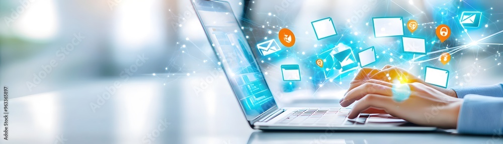 Aufkleber hands typing on laptop with digital icons and network connection.