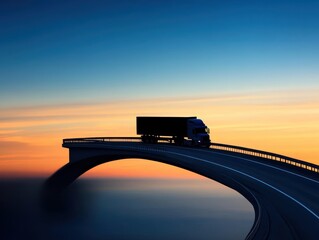 A truck silhouetted against a stunning sunset, crossing a modern bridge with a curved design, ideal for transportation themes.