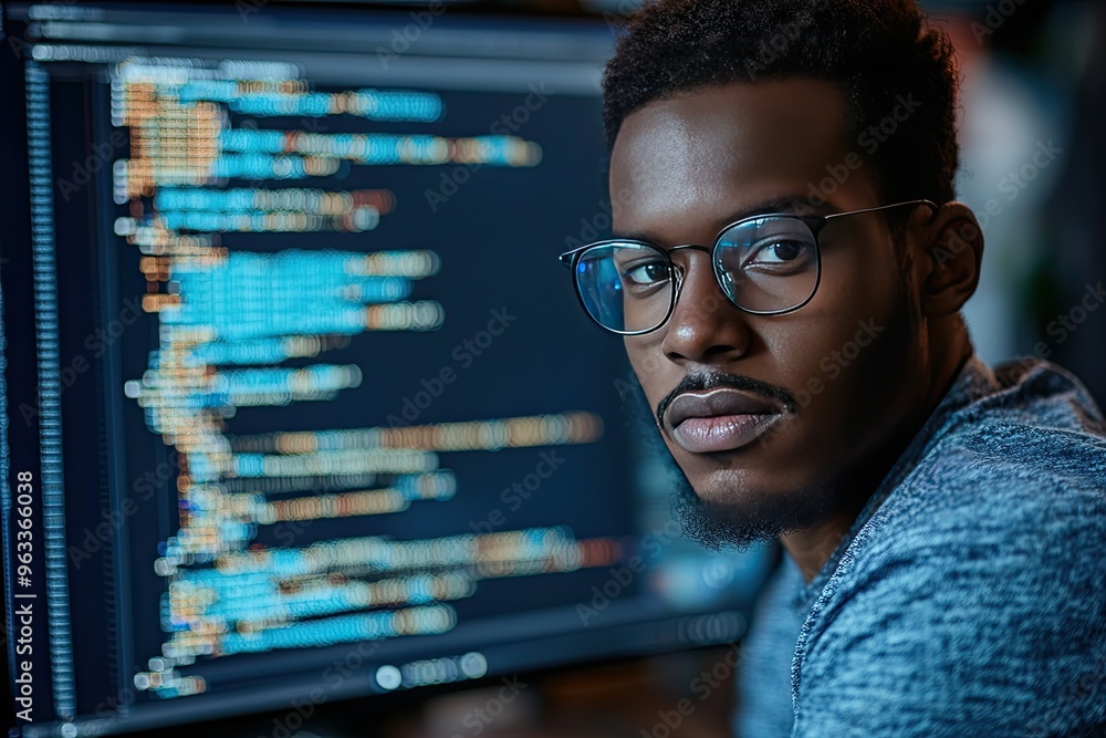 Poster a young man sits at a computer, focused on his work. this image can be used for websites and article