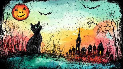 Obraz premium Black cat silhouetted against a spooky Halloween sky.