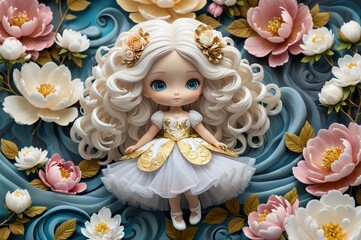 Cute little 3D doll in children's cartoon style, animated fantasy. Artistic background. Art illustration. Book illustration. Cartoon stylized illustrated art.