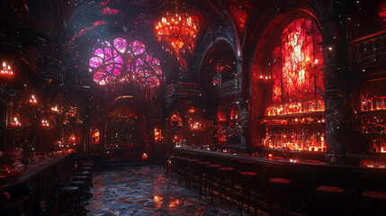A dimly lit bar with a gothic ambiance, featuring a long counter, stained glass windows, and glowing candles.