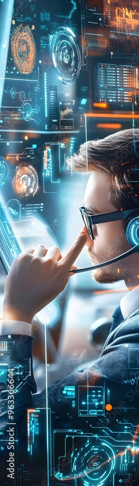 Aufkleber man working with holographic interface.