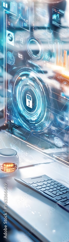 Poster cyber security - digital lock on computer screen.