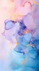 Abstract liquid painting background alcohol ink technique, blue,pink and gold.