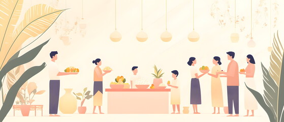 Flat llustration of families gathered around an altar, partaking in the Charye ceremony, presenting rice and fruit offerings. Soft lighting with warm pastel tones