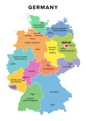 Germany, 16 constituent states with borders and capitals, multi colored political map. The Federal Republic of Germany, a country in Central Europe with capital Berlin. Isolated illustration. Vector