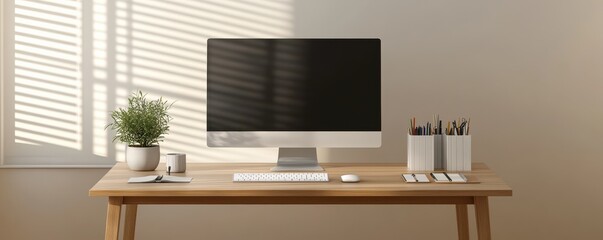 A modern workspace featuring a sleek computer, potted plant, and organized stationery, illuminated by natural light.