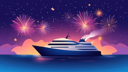 Luxurious cruise ship sailing at sunset with vibrant fireworks lighting up the night sky in a stunning display.
