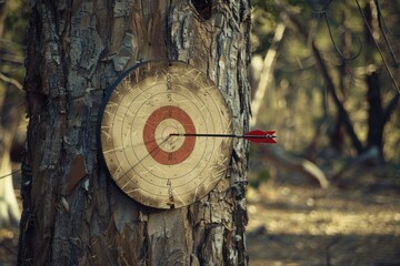 Red arrow hitting dead center of archery target on a tree in the forest
