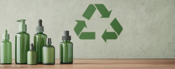 Eco-friendly green bottles and recycling symbol on a wooden table, representing sustainable practices and environmental awareness.