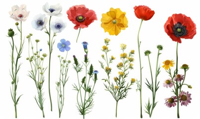 Collection of grunge oil painted summer flowers isolated on white background